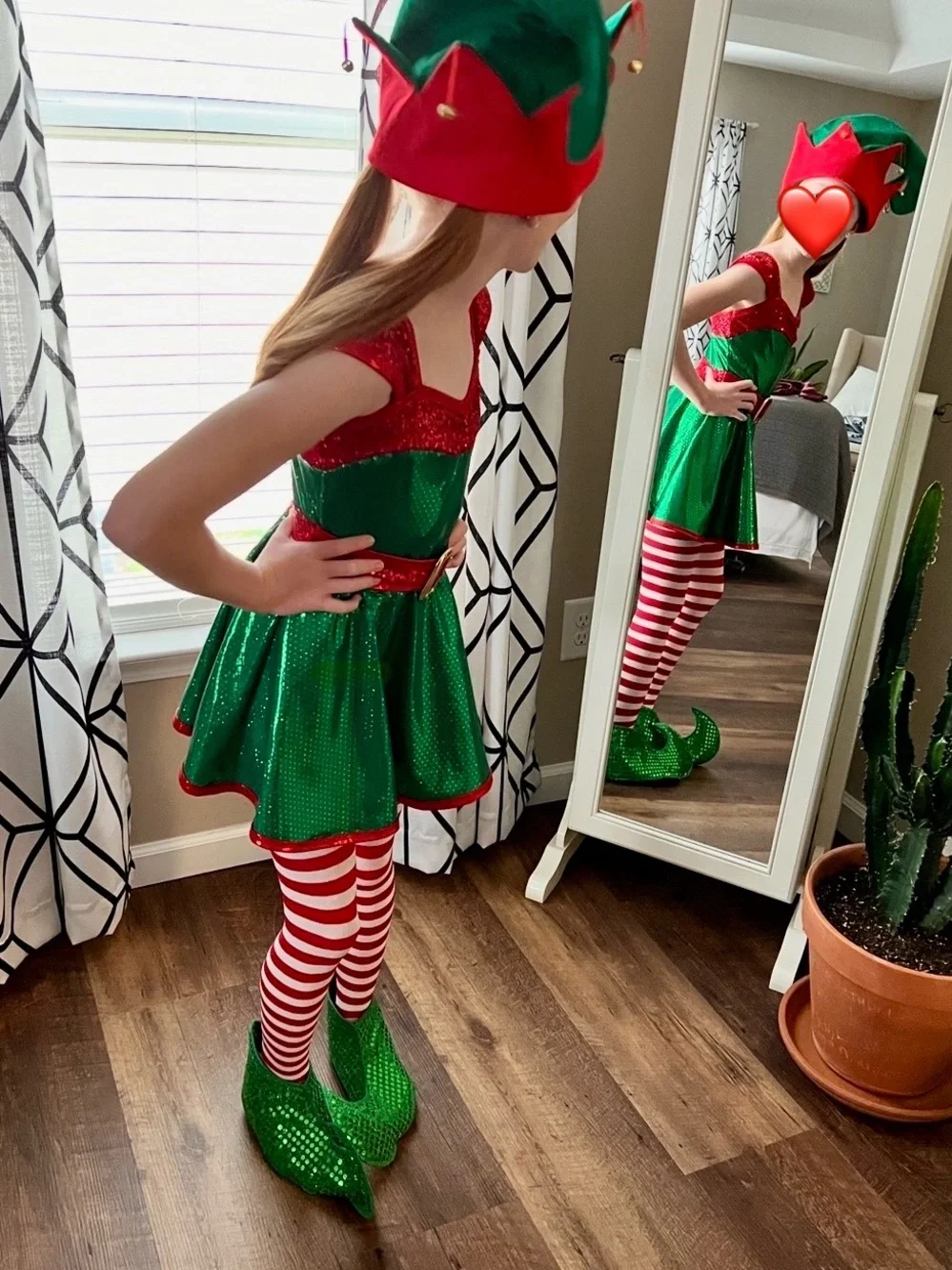 Girls Green & Red Elf Dance Costume Dress with Hat and Shoe Covers